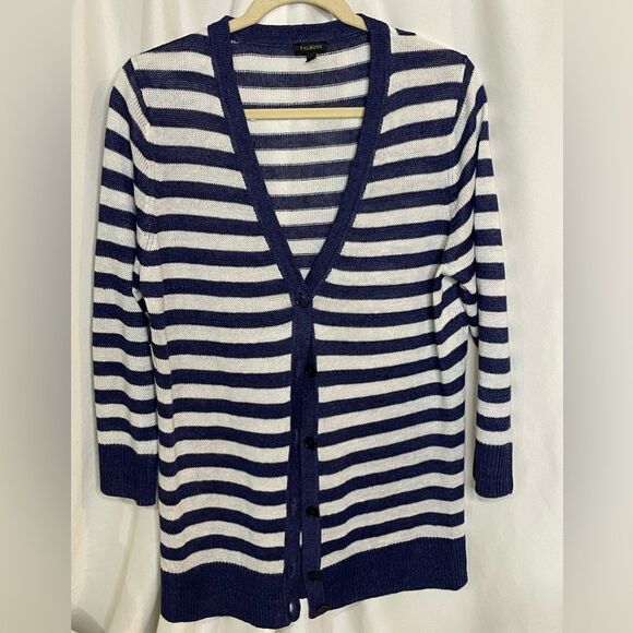 Talbots Sweaters - Talbots Womens Cardigan Sweater Navy White Stripe V-Neck Linen L